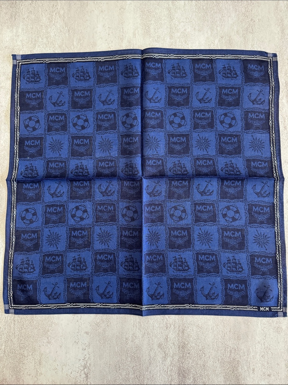 MCM Navy Blue Logo & Nautical Motif Pocket Square cotton